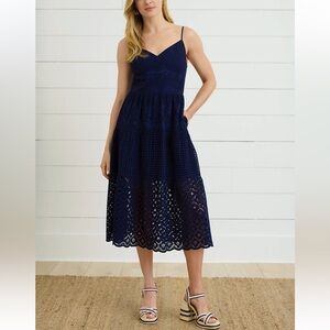 Navy Eyelet Midi Dress with Spaghetti Straps